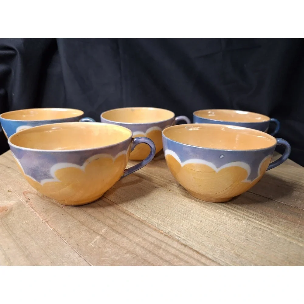 Vintage Japanese Lusterware Teacups Set of 5 Peach‎ Blue Iridescent Art Deco